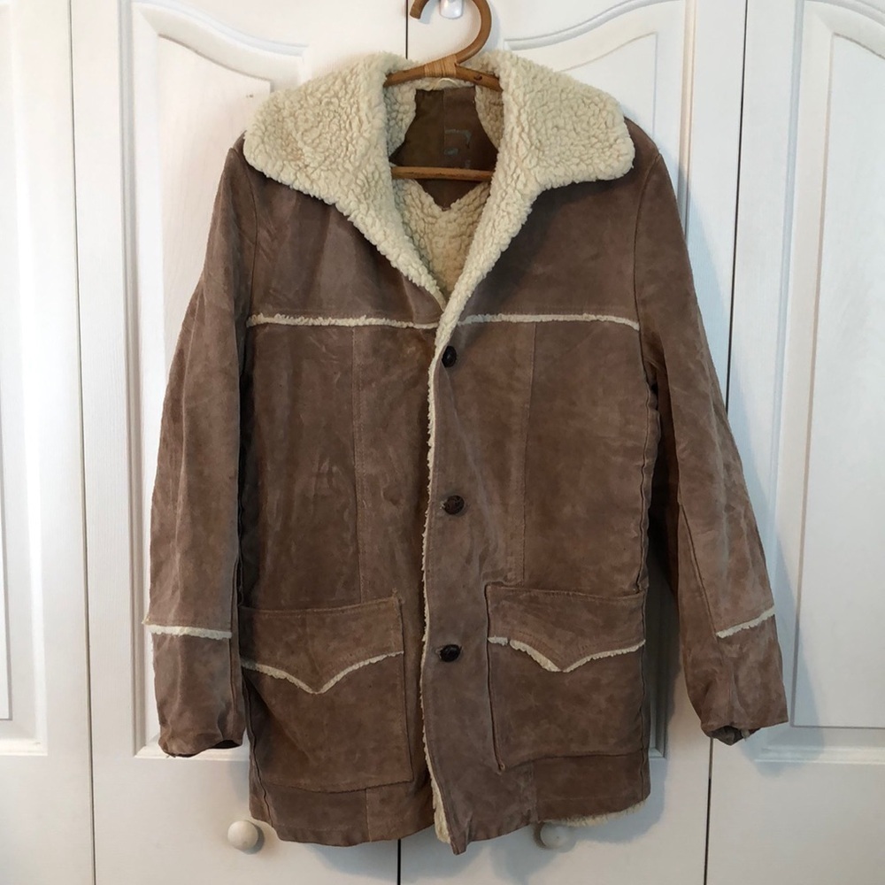 Vintage 70s Marlboro Man Suede Leather Shearling Rancher Coat